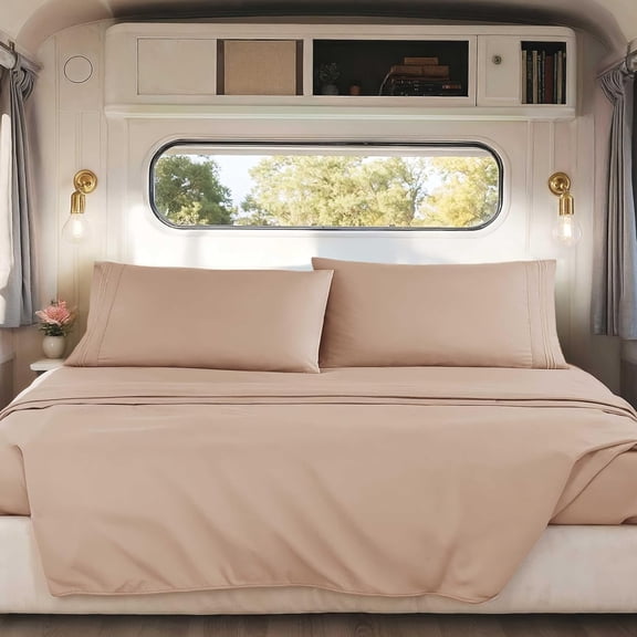 EKACO RV Queen Sheets Set, Khaki Short, 4 Piece Luxury Camper Bedding - Soft, Wrinkle-Free, Breathable Fitted Sheets & Pillowcases