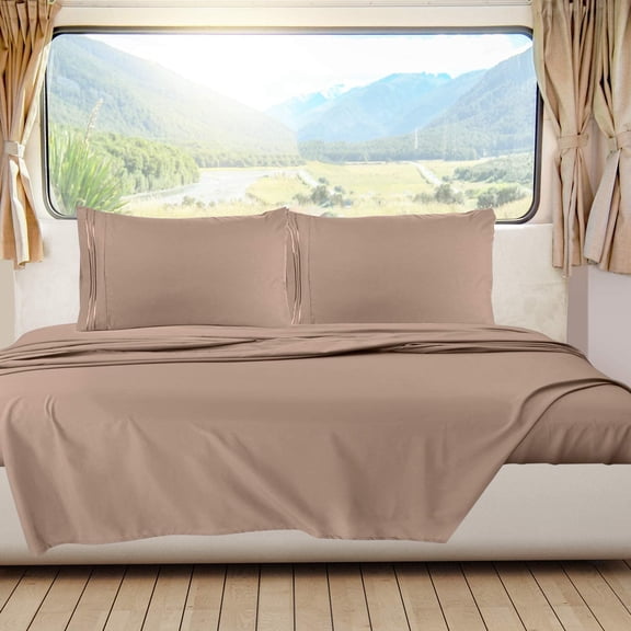 EKACO RV Short Queen Sheets Set, 6 Piece Khaki, Hotel Luxury, Super Soft, Wrinkle-Free, Breathable Camper Bedding with Fitted Sheet & Pillowcases