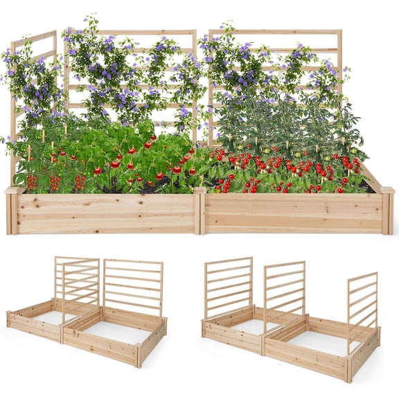 EKACO Raised Garden Bed with 3 Trellis & 2 Planter Boxes, Outdoor Wooden 88" L x 45" W x 43" H Planter Box Kit for Flower Herb Vegetable Fruit Climbing Vines, Gardening Planter for Garden Patio