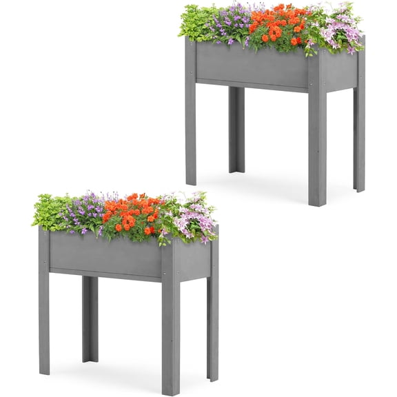 EKACO Set of 2 Raised Garden Bed with Legs, 31x16x31'', Outdoor Wood Elevated Planter Box, Grey Cedar, Thick Legs, w/Liner