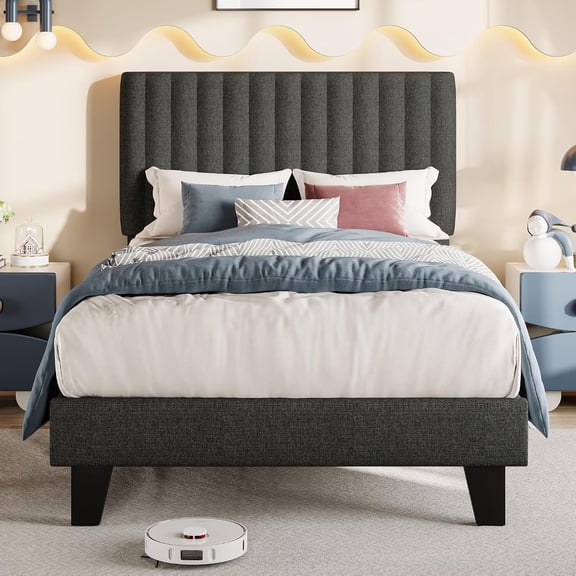 EKACO Twin Upholstered Platform Bed Frame w/Headboard, Linen, Solid Wood Slats, Noise-Free, No Box Spring, Easy Assembly, Dark Grey