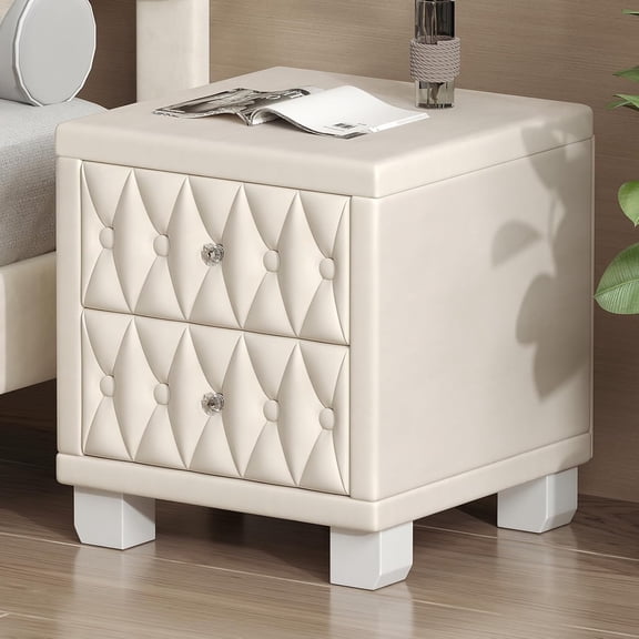 EKACO Velvet Nightstand, 2-Drawer Bedside Table with Crystal Knobs, Button Tufted Fabric Storage Cabinet for Bedroom, 18.1"x18.1"x20", Beige