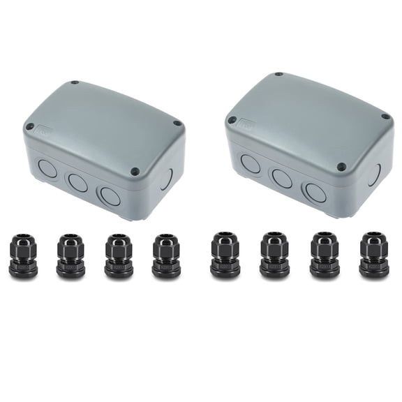 EKACO Waterproof Outdoor Electrical Junction Box 4.9"x3.3"x2.3", ABS/PVC Project Case with 4x 20mm Cable Glands, Grey Weatherproof Wire Enclosure, 2-Pack