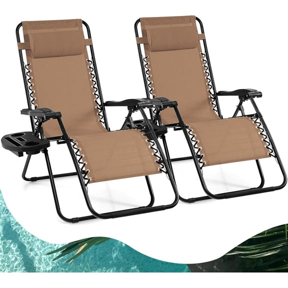EKACO Zero Gravity Lounge Chairs Set of 2, 160 Adjustable Folding Recliner w/Pillow & Cup Holder, 350LBS Comfy Outdoor Patio Lawn Yard Camp Chairs, Beige