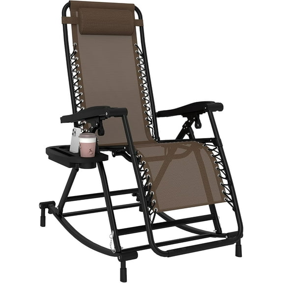 EKACO Zero Gravity Outdoor Rocking Chair, Foldable Lounge Rocker w/Pillow, Cup Holder, Phone Slot, Brown, 265lbs Capacity