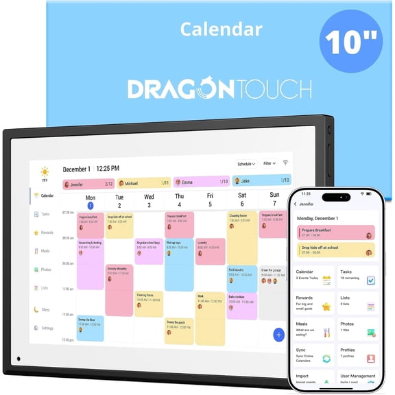 Dragon Touch 10.1" Smart Digital Wall Calendar, 1080P FHD Touchscreen Family Electronic Planner with Chore Chart & Meal Planning,Desk Stand Included-Black
