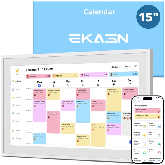 EKASN Digital Calendar, 15.6" Chore Chart Wall Planner, 1080P FHD Interactive Touchscreen,Display for Family Schedules and All Apps Full Free-White