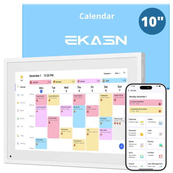EKASN Digital Calendar with Chore Chart - Full HD 1080P 10.1" Interactive Touchscreen, Smart Family Planner for Desk Mounting-White