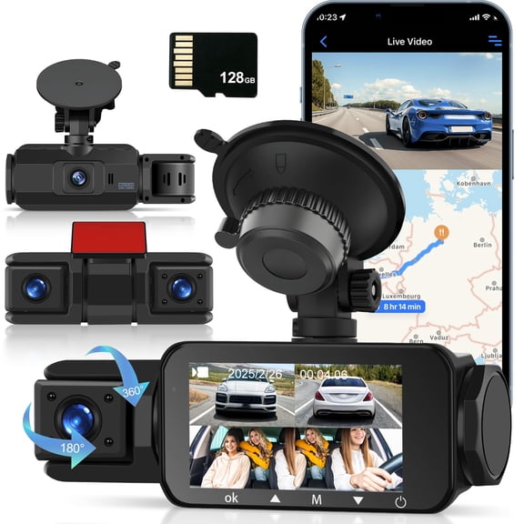 EKAT 4 Channel Dash Cam 360View, 2K+1080P*3 Front and Rear Inside Left Right, Dash Camera for Cars, 3 Inch IPS Screen, Built-in WiFi Night Vision G-Sensor, 24H Parking Mode, Free 128GB Card