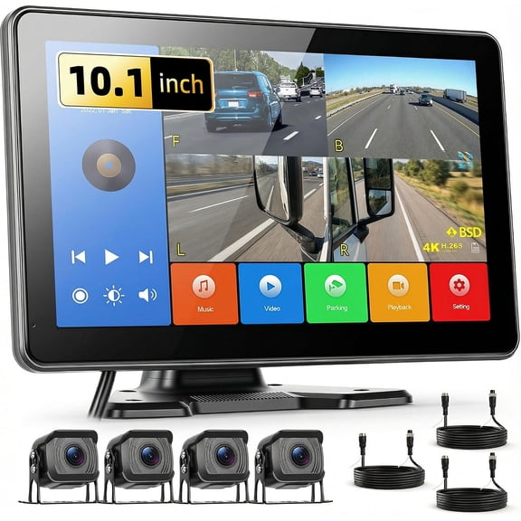 EKAT Wired Reversing Camera Set, 10.1" IPS Screen, 4*IP68 Cameras with BSD, support DVR for Truck/Bus