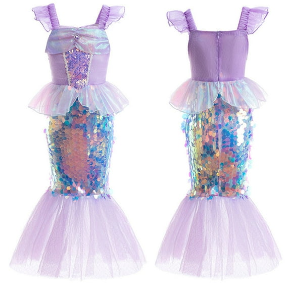 EKEZ Mermaid Fancy-Dress Costumes for Girls with Sequins and Organza Ruffles for Ages 3-8, Size 4T