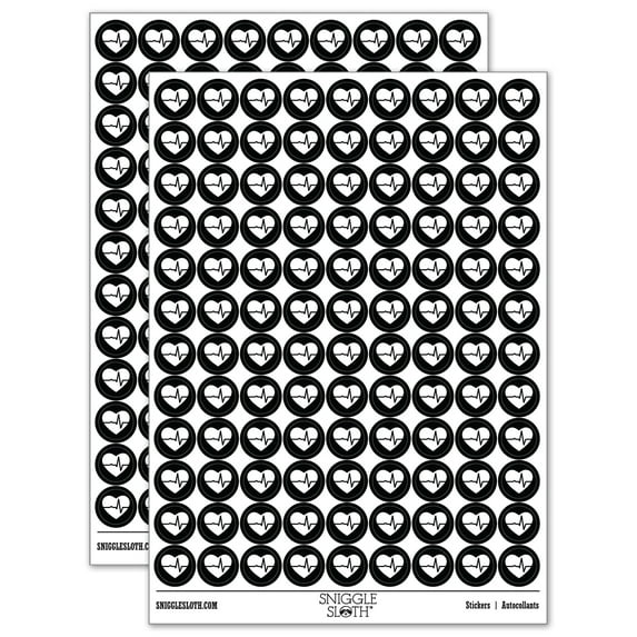 EKG Pulse Heart Beat 200+ Round Stickers - Black - Matte Finish - 0.50" Size