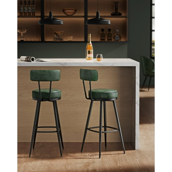 EKHO Collection - Bar Stools Set of 2, Bar Height Swivel Bar Stools with Back, Synthetic Leather with Stitching Forest Green