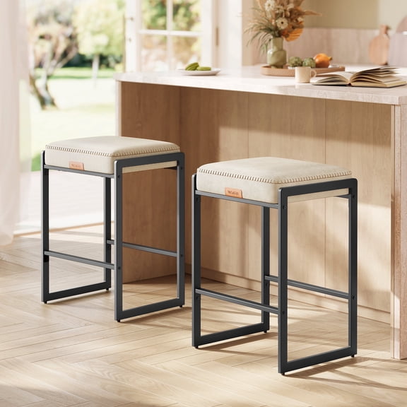 EKHO Collection - Set of 2 Counter Height Bar Stools, Mid-Century Modern Design, Synthetic Leather with Stitching, 26-Inch Tall, Cream White