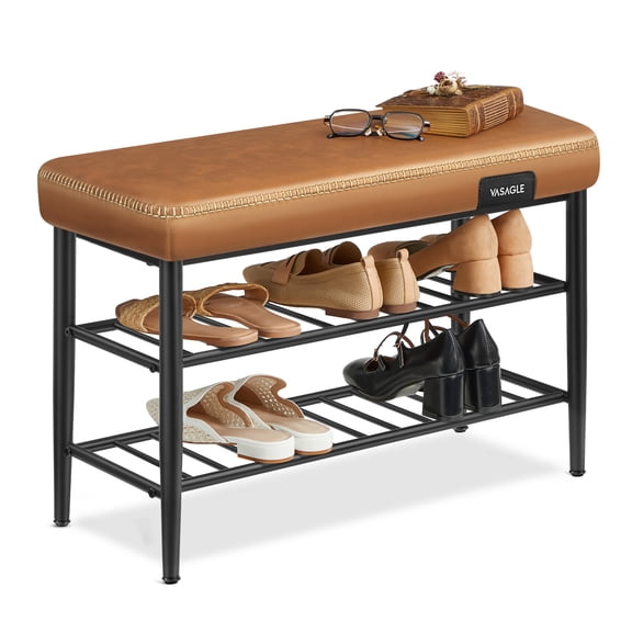 Storage Bench, Shoe Rack Bench Entryway, Synthetic Leather with Stitching, Caramel Brown