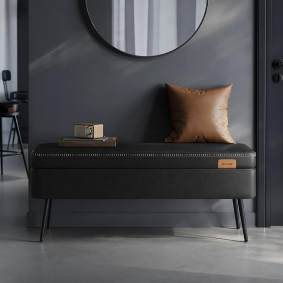 VASAGLE EKHO Collection - Storage Ottoman Bench Leather Entryway Bedroom Bench 15 Gallons for Bedroom Living Room Loads 660 lb Ink Black