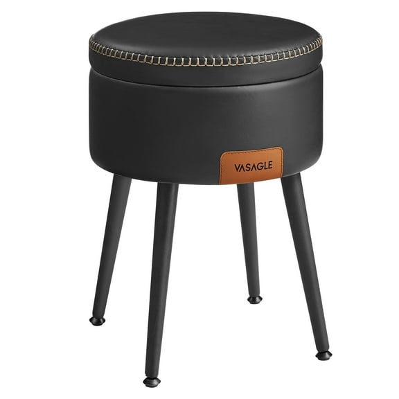 VASAGLE EKHO Collection Storage Ottoman Tray Vanity Stool Chair Synthetic Leather Ottoman with Storage Loads 330 lb for Bedroom Living Room Ink Black