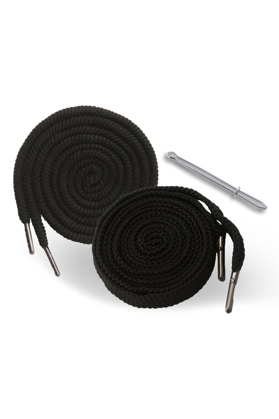 2PCS 51 Inch Long Universal Drawstring Cords Replacement with 1PC Easy Threaders, Suitable for Sweatpants,Shorts,Hoodie String, Simple and Durable(Black Flat & Round Cord, Round Metal Head )