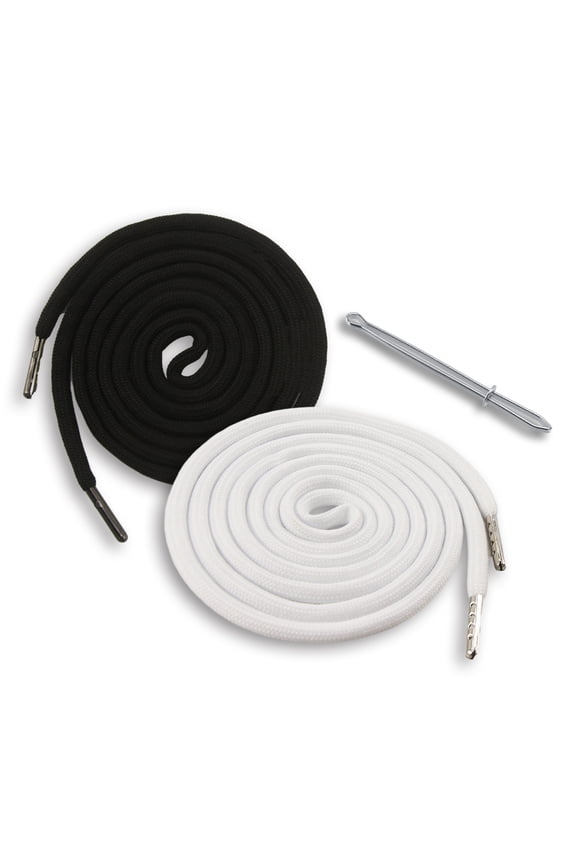 2PCS 51 Inch Long Universal Drawstring Cords Replacement with 1PC Easy Threaders, Suitable for Sweatpants,Shorts,Hoodie String, Simple and Durable(Black + White Cord, Round Metal Head )