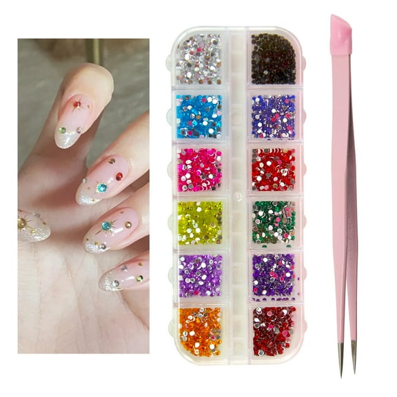 EKIND Nail Art Kit, Nail Art Rhinestone, Double Ended Nail Art Tweezers, Versatile Crystal Gems for Nail Design, Makeup, DIY Crafts, Clothing and Phone Embellishments(12 Grids, Colored Diamonds)