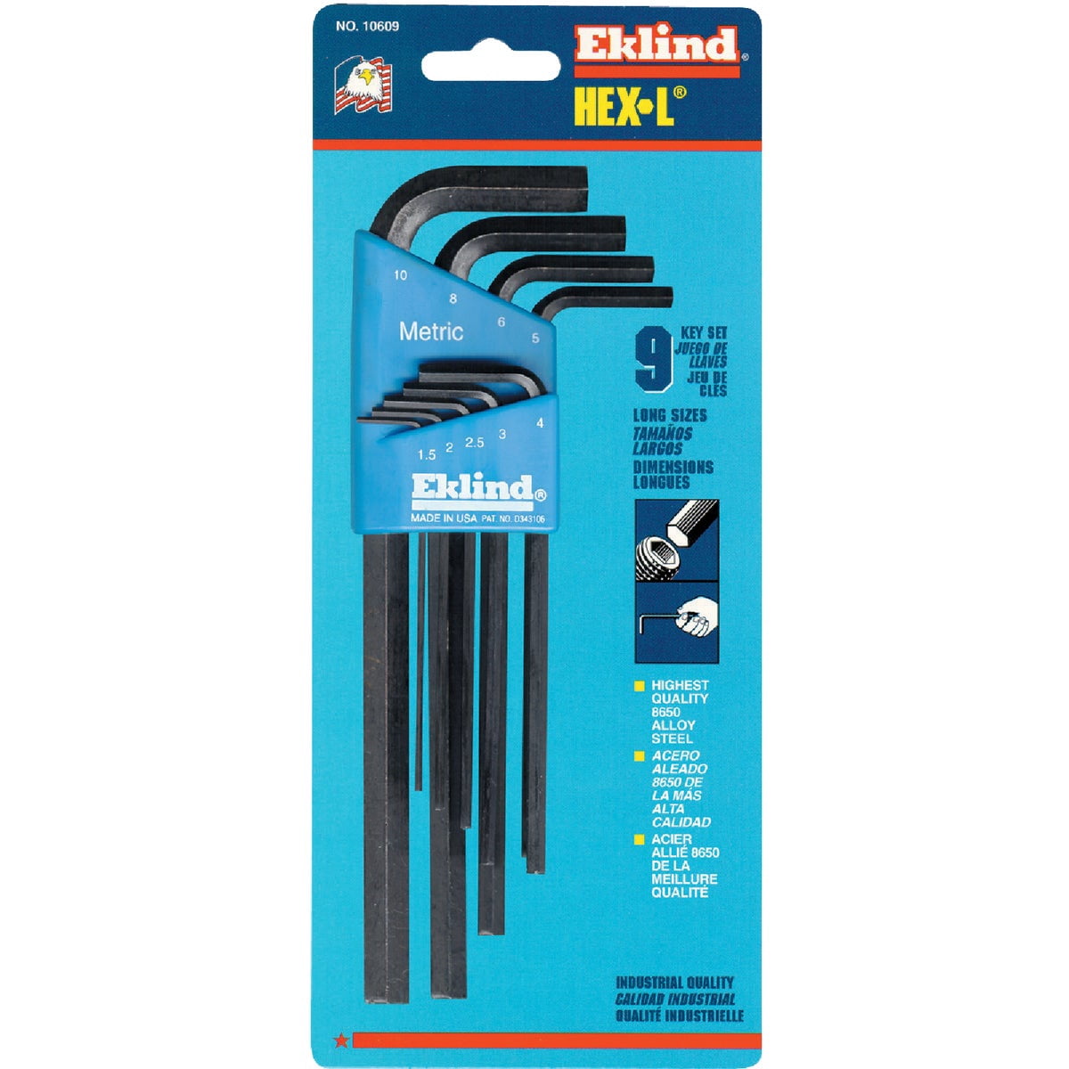 EKLIND 10609 Hex-L Key allen wrench - 9pc set Metric MM sizes 1.5-10 Long series