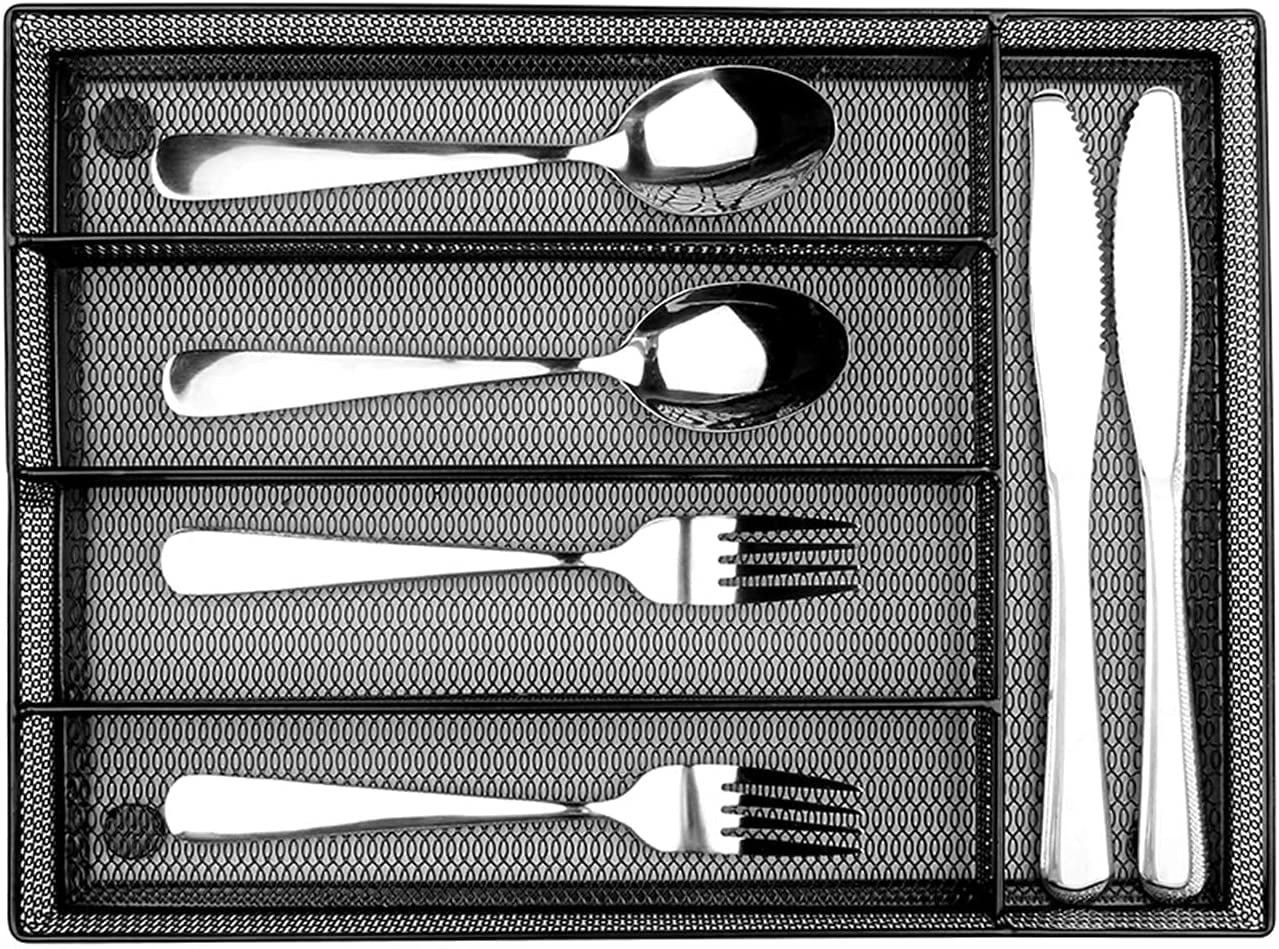 5-Divider Silverware Organizer with Drainage Grid Rustproof Carbon Steel Utensil Tray for Kitchen Drawer and Restaurant