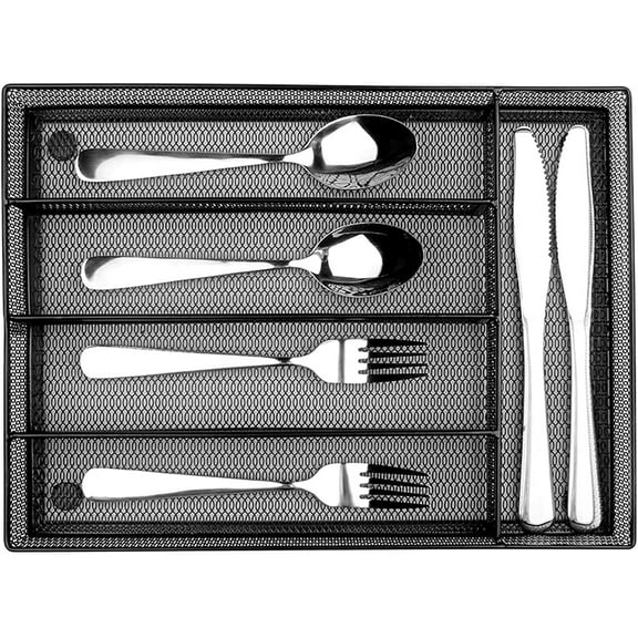 5-Divider Silverware Organizer with Drainage Grid Rustproof Carbon Steel Utensil Tray for Kitchen Drawer and Restaurant