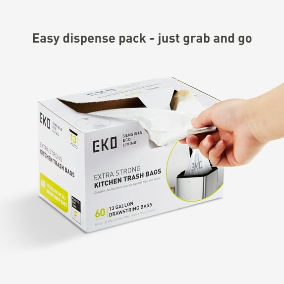 EKO 13 Gallon Extra Strong Drawstring Kitchen Trash Bags, 60 Pack, White