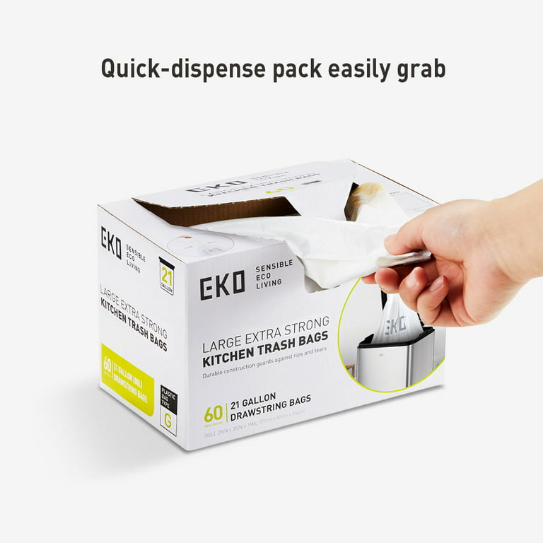 EKO 21 Gallon Extra Strong Drawstring Kitchen Trash Bags, 60 Pack, White