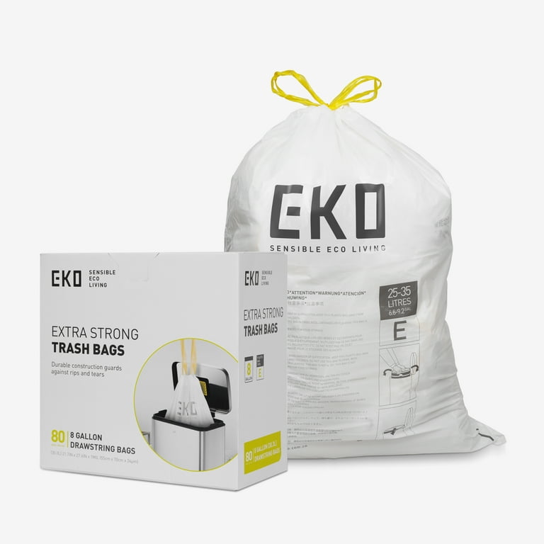 EKO 8 Gallon Extra Strong Drawstring Trash Bags, 80 Pack, White 