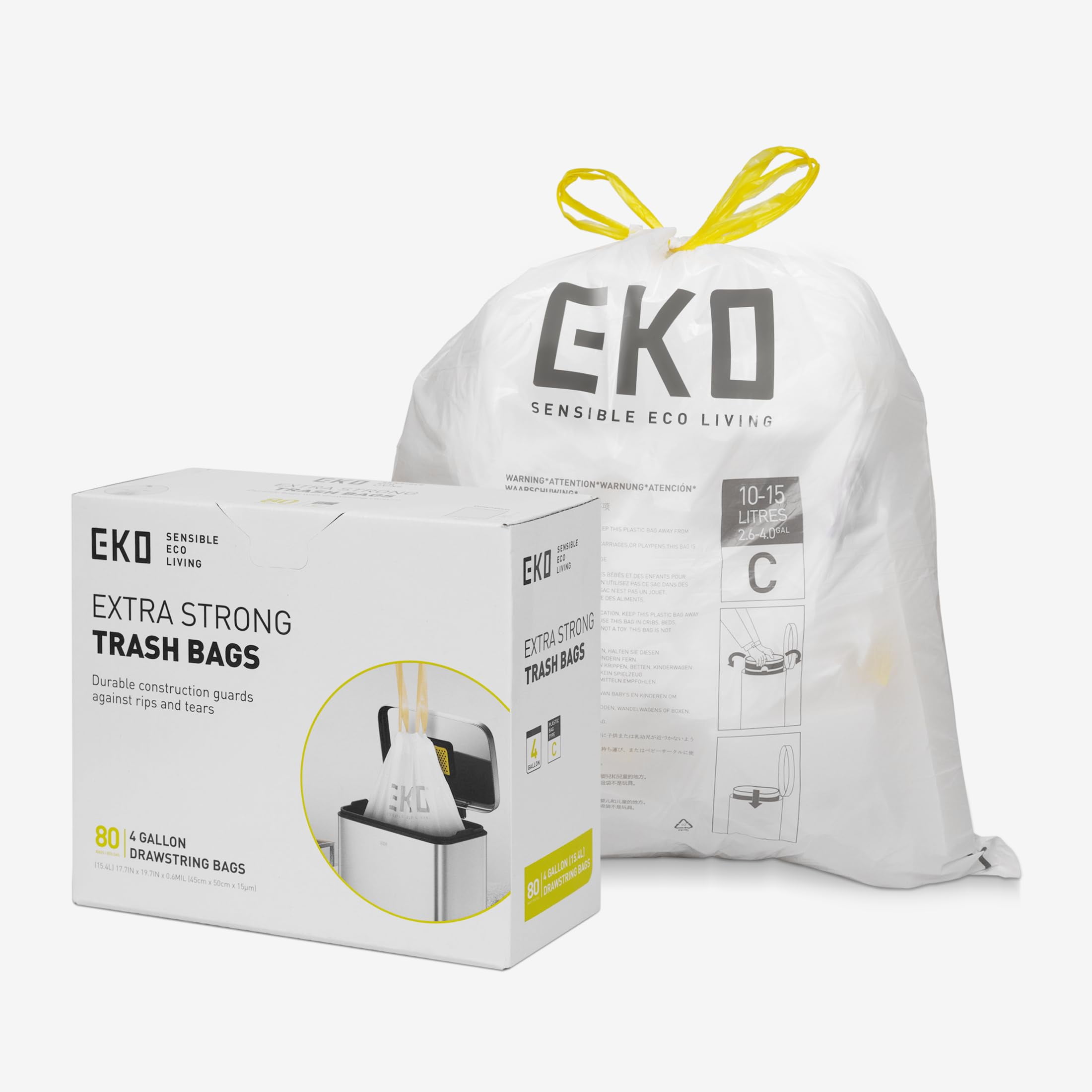 EKO Easy-Dispense Roll 80 AIF9 Count Extra-Strong Drawstring Small Trash Bag, 4 Gallon Trash Bag (10-15L) 1 Pack White, Code C