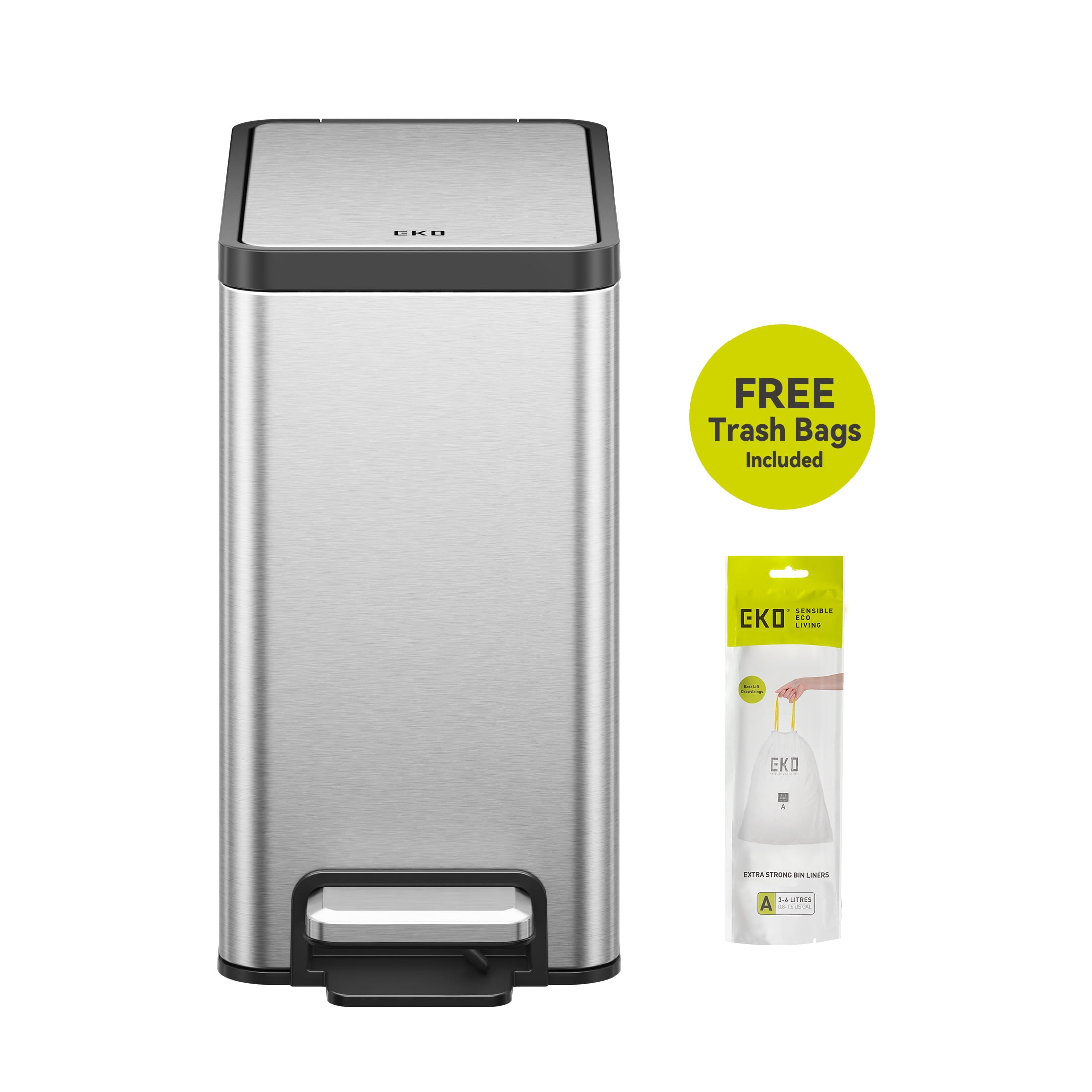 EKO Ecocasa Slim Bathroom Trash Can, 1.6 Gallon Stainless Steel ...