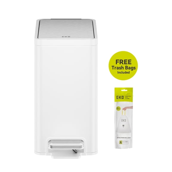 EKO Ecocasa Slim Bathroom Trash Can, 1.6 Gallon Stainless Steel Rectangular Removable Liner Step Lid Garbage Bin, Matte White