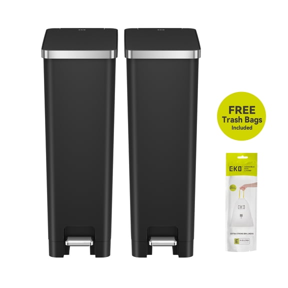 EKO Hana Kitchen Trash Can, Plastic Step Recycling Kitchen Trash Can, 16 Gallon, 2 Pack, Sample Trash Bags Included, Black