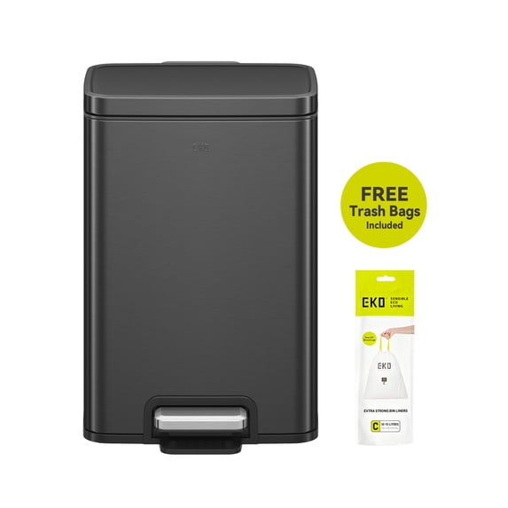 EKO Madison Bathroom Trash Can, 3.2 Gallon Stainless Steel Rectangular Removable Liner Step Lid Garbage Bin, Matte Black