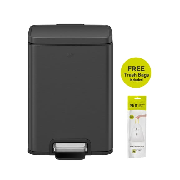 EKO Madison Small Bathroom Trash Can, 1.6 Gallon Stainless Steel Rectangular Removable Liner Step Lid Garbage Bin, Matte Black