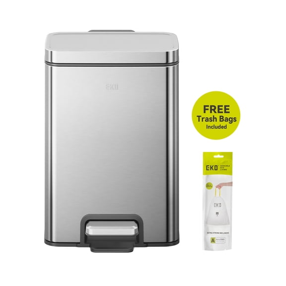 EKO Madison Small Bathroom Trash Can, 1.6 Gallon Stainless Steel Rectangular Removable Liner Step Lid Garbage Bin, Silver