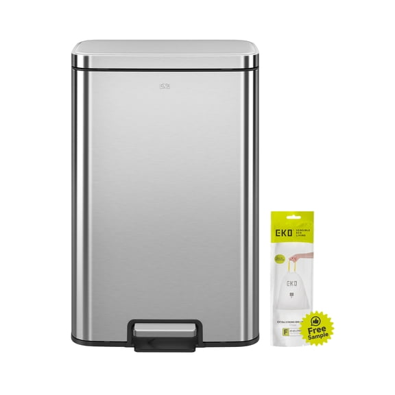 EKO Maxwell Kitchen Trash Can, 13.2 Gallon Brushed Stainless Steel Step Garbage Bin with Soft Close Lid, Silver with Sample Trash Bags Included