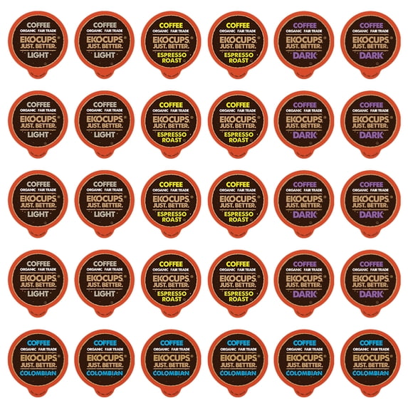 EKOCUPS Organic Coffee Variety Sampler Pack, 30 Count for Keurig K Cup Brewers