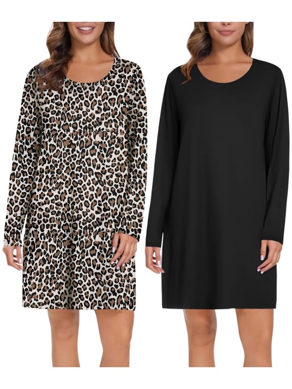 2 Pack Long Sleeve Nightgowns for Women Cute Nightgown Leopard Print Womens Sleep Shirts