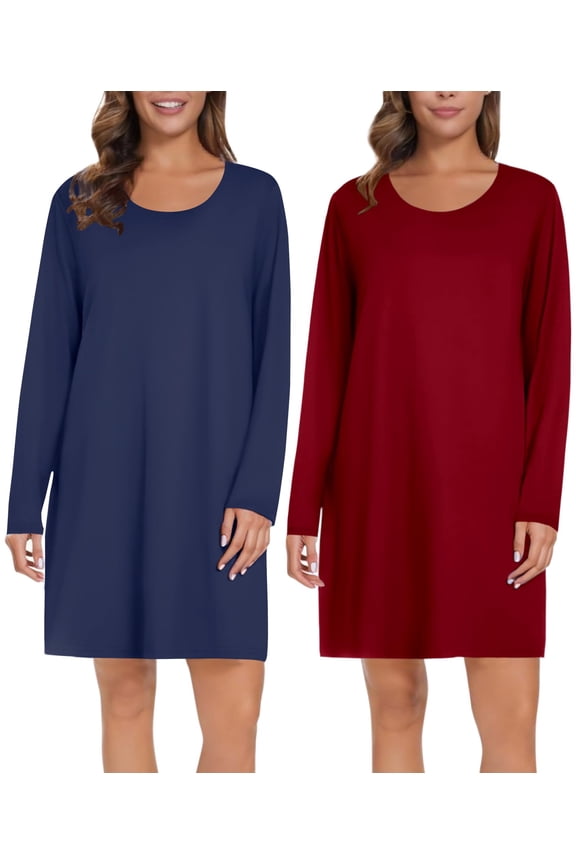 2 Pack Long Sleeve Sleep Shirts for Women Soft Night Shirts Nightgowns Pullover Night Gowns Dress