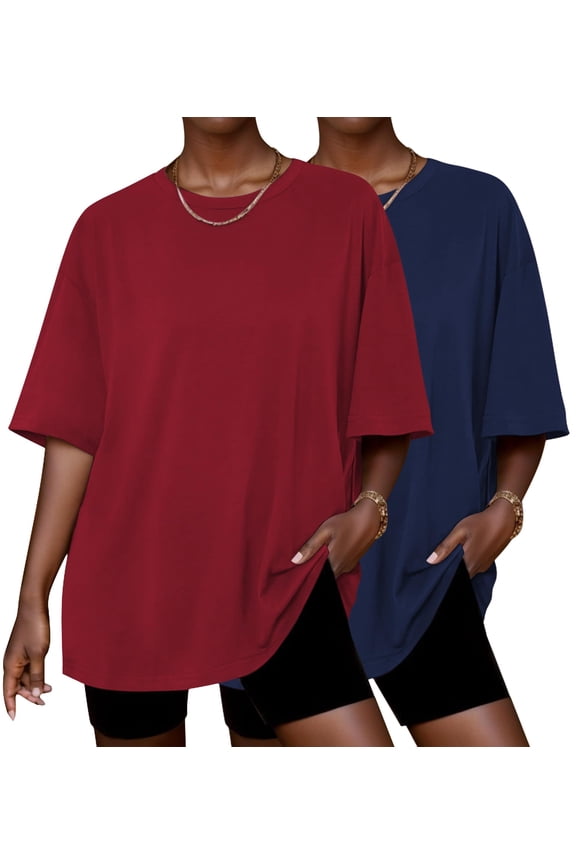 2 Pack Womens Pajama Tops Short Sleeve Oversized T Shirts Summer Spring Tops 2025 Basic Casual Tee Top Navy/Wine