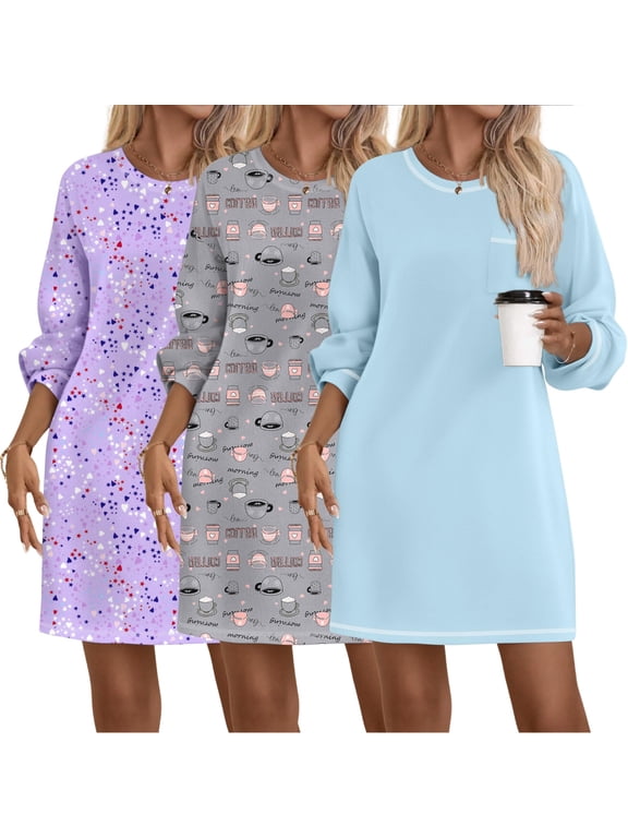 3 Pack Cotton Nightgowns for Women Long Sleeve Sleep Shirts for Women Comfy Soft