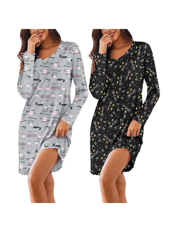 Cotton Nightgowns for Women 2 Pack Night Gown Long Sleeve Sleepshirts V Neck Night Shirt Soft Sleepwear