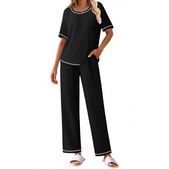 EKOUAER Cotton Pajamas Sets for Women Soft Contrast Piping Lounge Set 2 Piece Short Sleeve Pj Set with Pockets