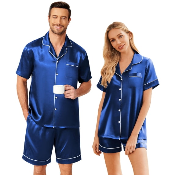 EKOUAER Couple Matching Pajamas Set Silk Satin Pjs Short Sleeve Sleepwear 2 Piece Button Down Lounge Set
