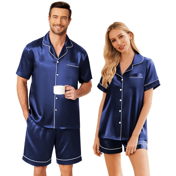EKOUAER Couple Matching Pajamas Set Silk Satin Pjs Short Sleeve Sleepwear 2 Piece Button Down Lounge Set