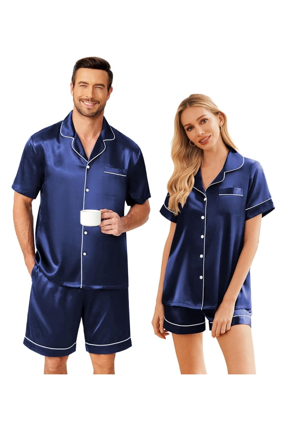 Couple Matching Pajamas Set Silk Satin Pjs Short Sleeve Sleepwear 2 Piece Button Down Lounge Set