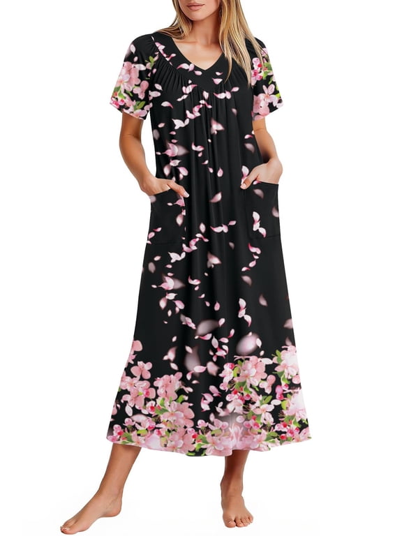 Long Nightgowns for Women Short Sleeve House Dress with Pockets Mumu Dress