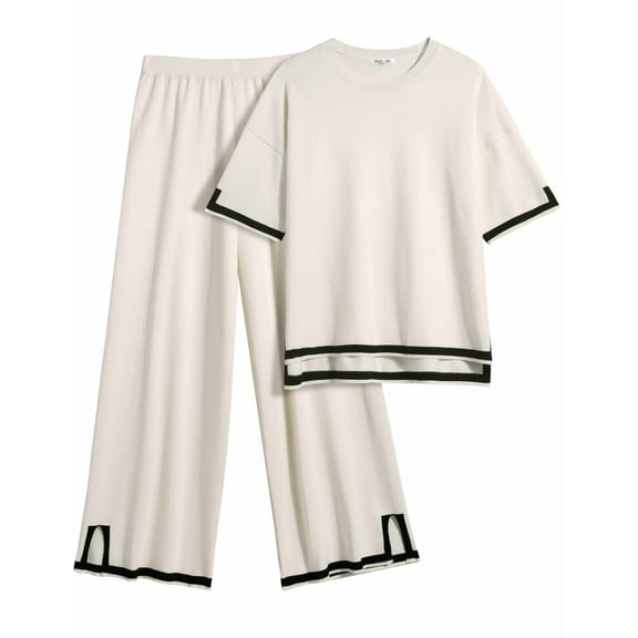 EKOUAER Lounge Set for Women Travel Outfits 2 Piece Sets Short Sleeve Sweater Top Wide Leg Long Pants Loungewear